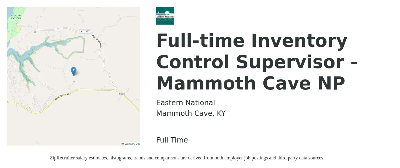 Eastern National job posting for a Full-time Inventory Control Supervisor - Mammoth Cave NP in Mammoth Cave, KY with a salary of $38,000 to $59,500 Yearly with a map of Mammoth Cave location.