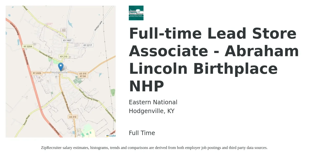 Eastern National job posting for a Full-time Lead Store Associate - Abraham Lincoln Birthplace NHP in Hodgenville, KY with a salary of $14 to $16 Hourly with a map of Hodgenville location.