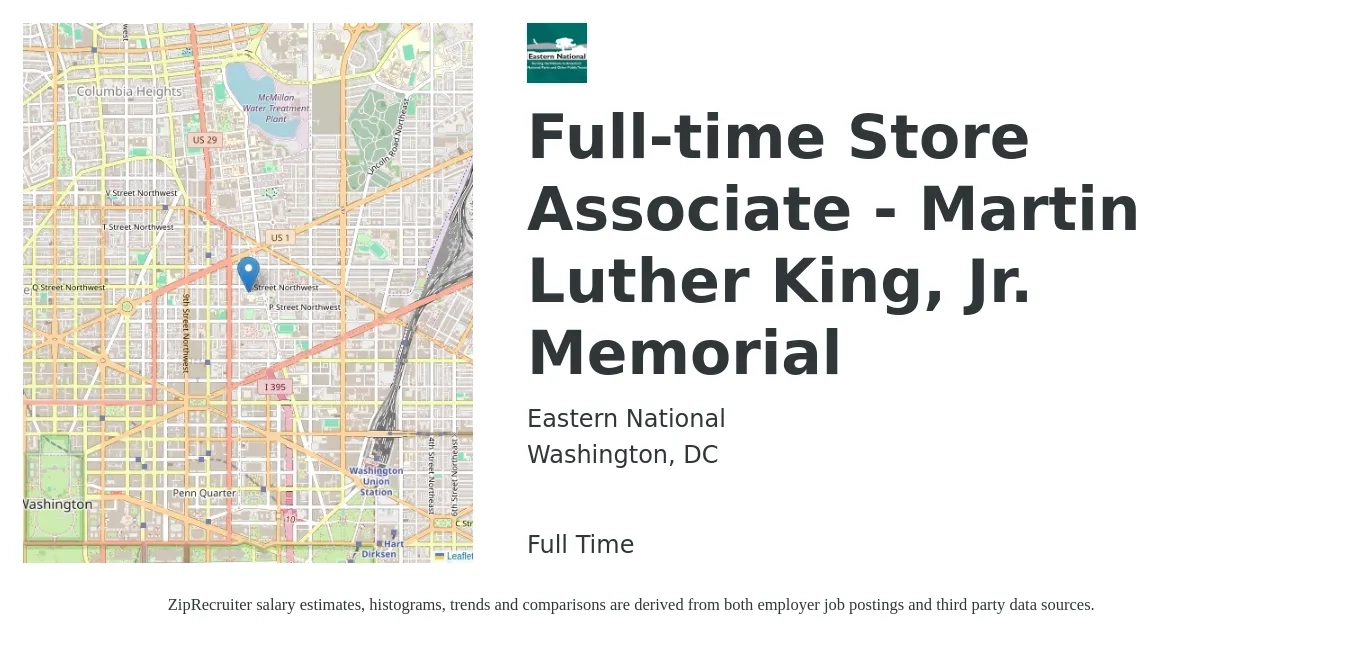 Eastern National job posting for a Full-time Store Associate - Martin Luther King, Jr. Memorial in Washington, DC with a salary of $17 to $20 Hourly with a map of Washington location.