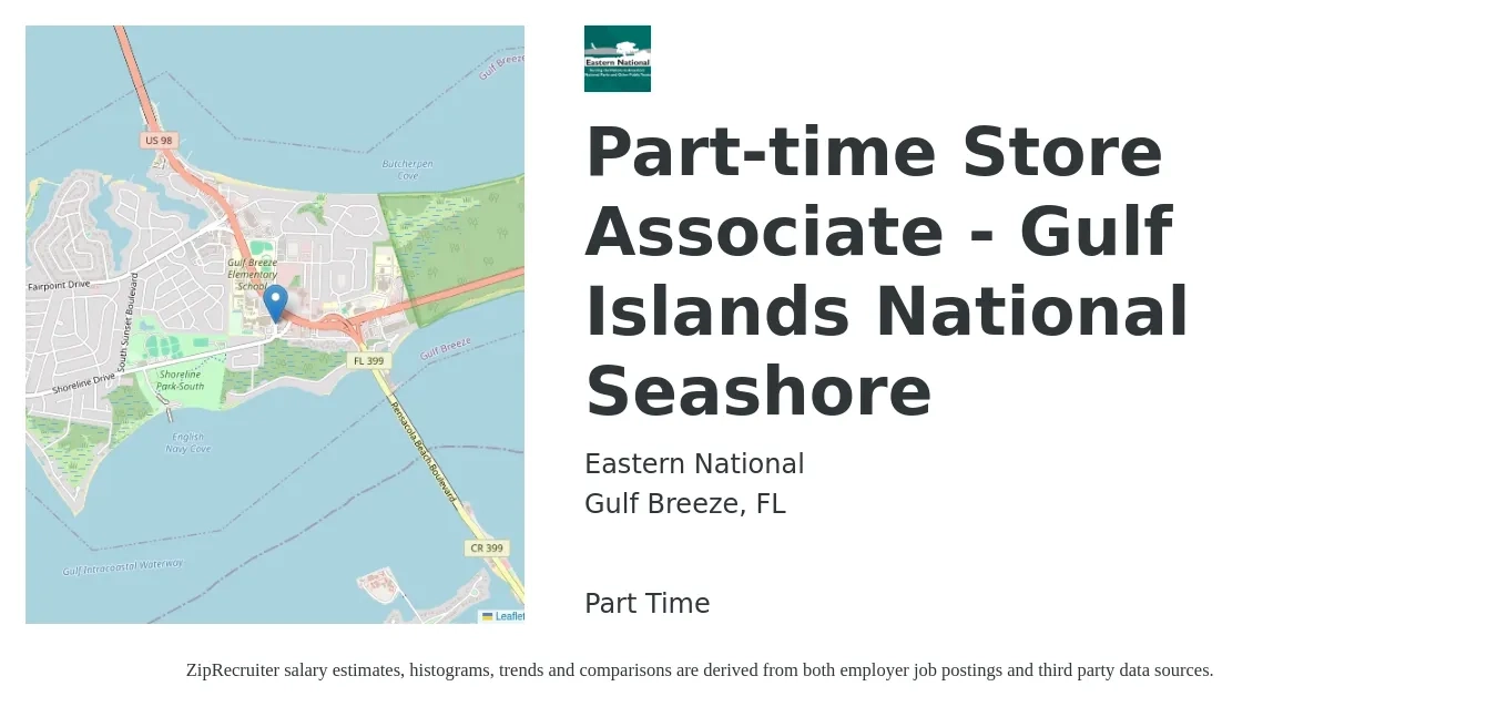 Eastern National job posting for a Part-time Store Associate - Gulf Islands National Seashore in Gulf Breeze, FL with a salary of $14 to $16 Hourly with a map of Gulf Breeze location.