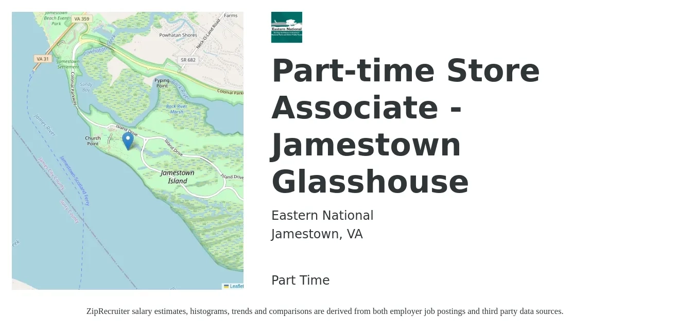 Eastern National job posting for a Part-time Store Associate - Jamestown Glasshouse in Jamestown, VA with a salary of $14 to $16 Hourly with a map of Jamestown location.