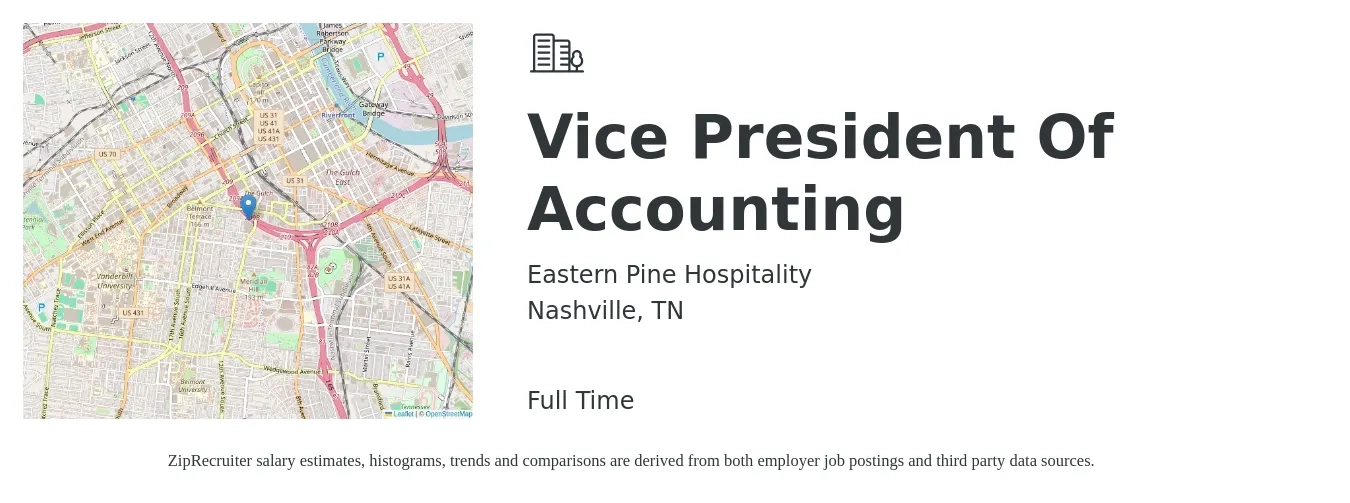Eastern Pine Hospitality job posting for a Vice President Of Accounting in Nashville, TN with a salary of $131,800 to $191,700 Yearly with a map of Nashville location.
