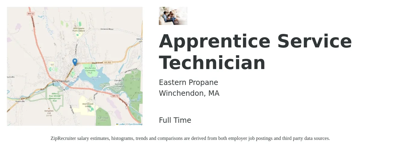 Eastern Propane job posting for a Apprentice Service Technician in Winchendon, MA with a salary of $17 to $22 Hourly with a map of Winchendon location.