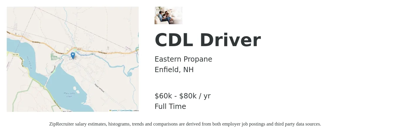Eastern Propane job posting for a CDL Driver in Enfield, NH with a salary of $60,000 to $80,000 Yearly with a map of Enfield location.