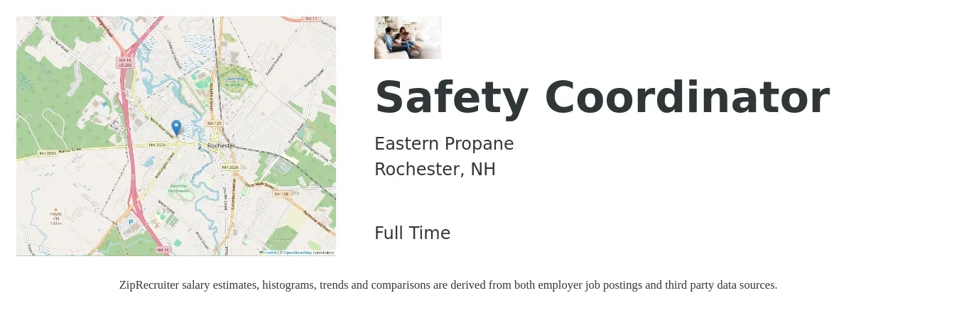 Eastern Propane job posting for a Safety Coordinator in Rochester, NH with a salary of $24 to $36 Hourly with a map of Rochester location.