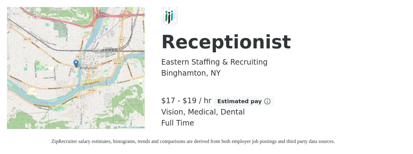 Eastern Staffing & Recruiting job posting for a Receptionist in Binghamton, NY with a salary of $18 to $20 Hourly and benefits including vision, dental, medical, pto, and retirement with a map of Binghamton location.