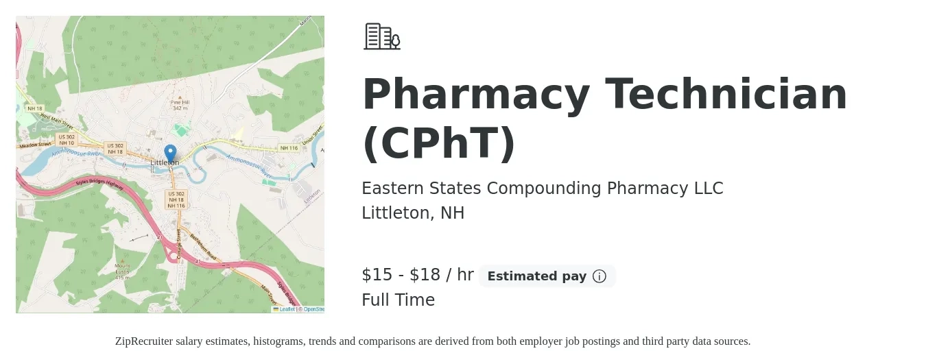 Eastern States Compounding Pharmacy LLC job posting for a Pharmacy Technician (CPhT) in Littleton, NH with a salary of $16 to $19 Hourly with a map of Littleton location.