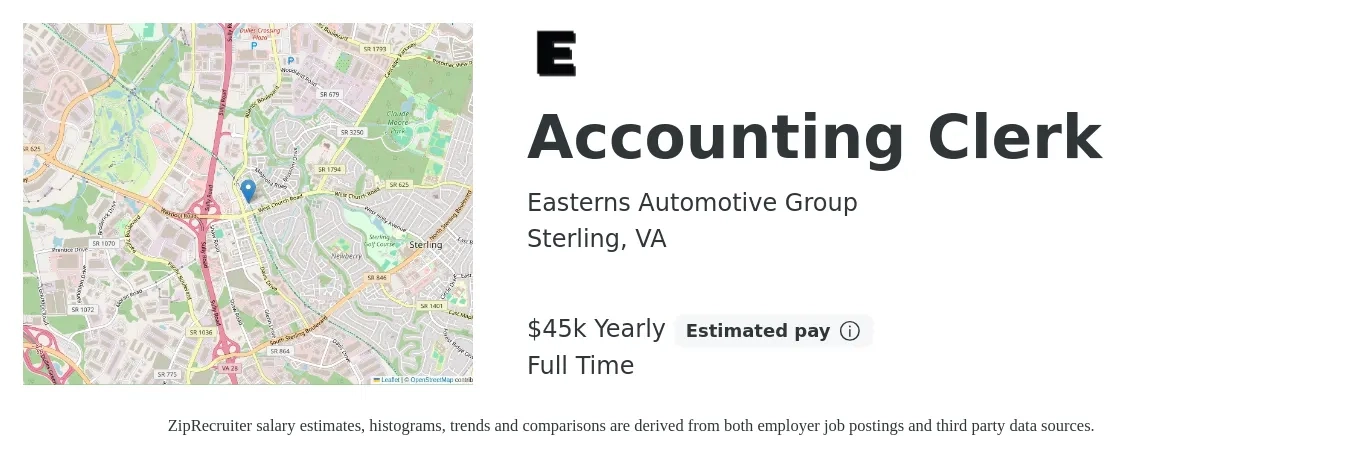 Easterns Automotive Group job posting for a Accounting Clerk in Sterling, VA with a salary of $45,000 Yearly with a map of Sterling location.