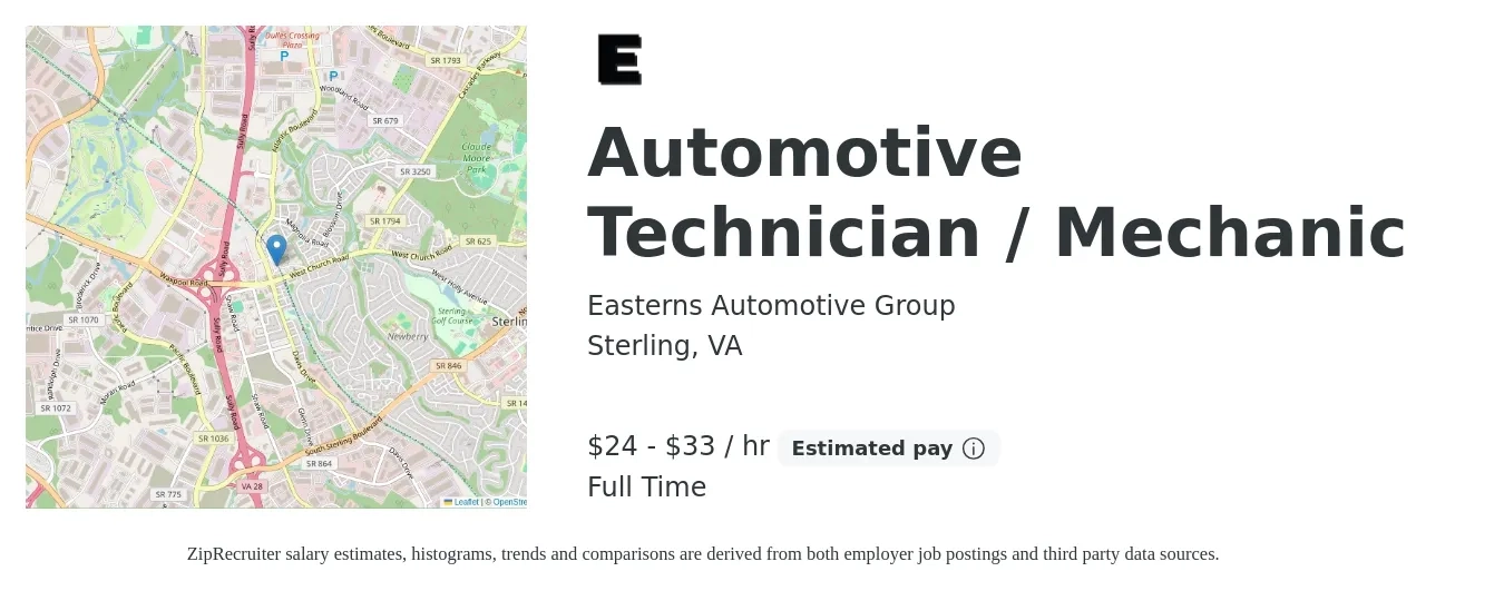 Easterns Automotive Group job posting for a Automotive Technician / Mechanic in Sterling, VA with a salary of $25 to $35 Hourly with a map of Sterling location.