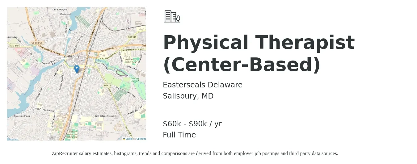 Easterseals Delaware job posting for a Physical Therapist (Center-Based) in Salisbury, MD with a salary of $60,000 to $90,000 Yearly with a map of Salisbury location.