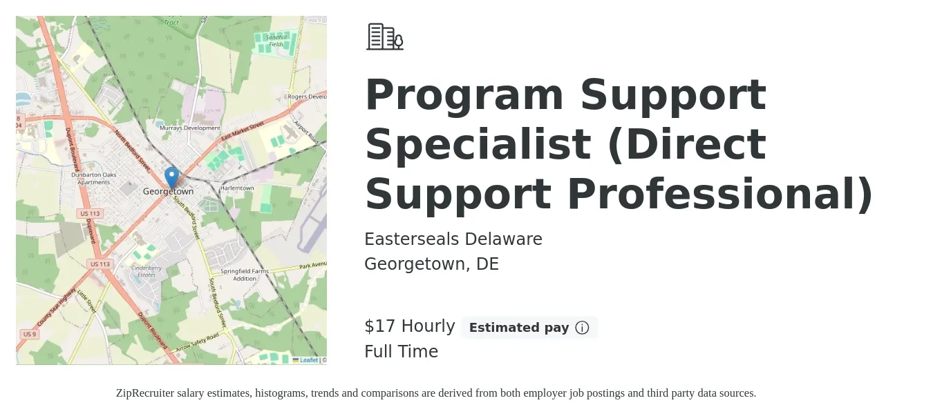 Easterseals Delaware job posting for a Program Support Specialist (Direct Support Professional) in Georgetown, DE with a salary of $18 Hourly with a map of Georgetown location.