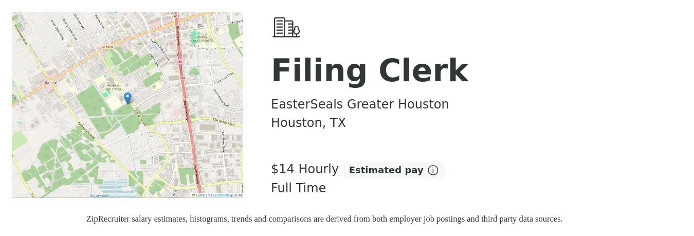 EasterSeals Greater Houston job posting for a Filing Clerk in Houston, TX with a salary of $15 Hourly with a map of Houston location.