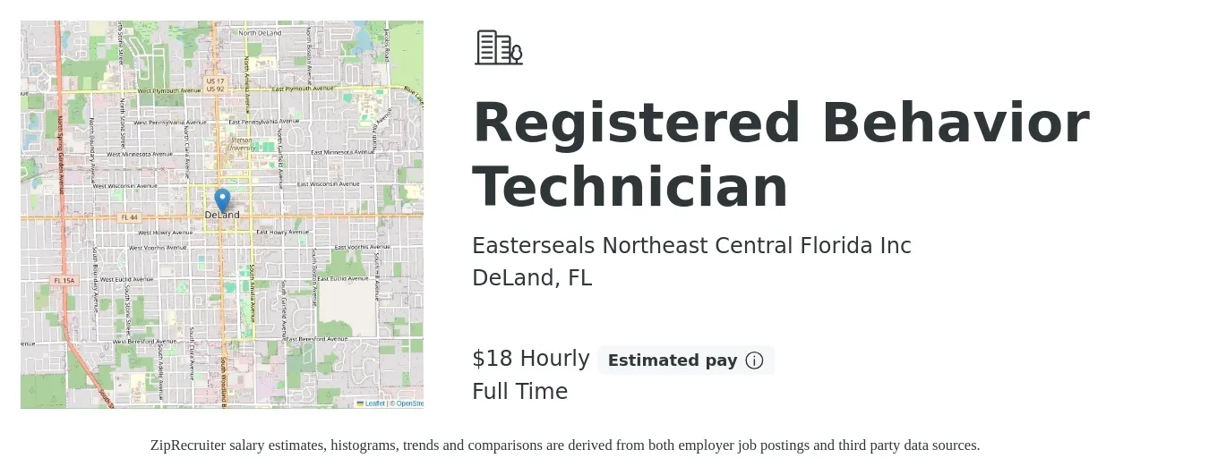 Easterseals Northeast Central Florida Inc job posting for a Registered Behavior Technician in DeLand, FL with a salary of $19 Hourly with a map of DeLand location.