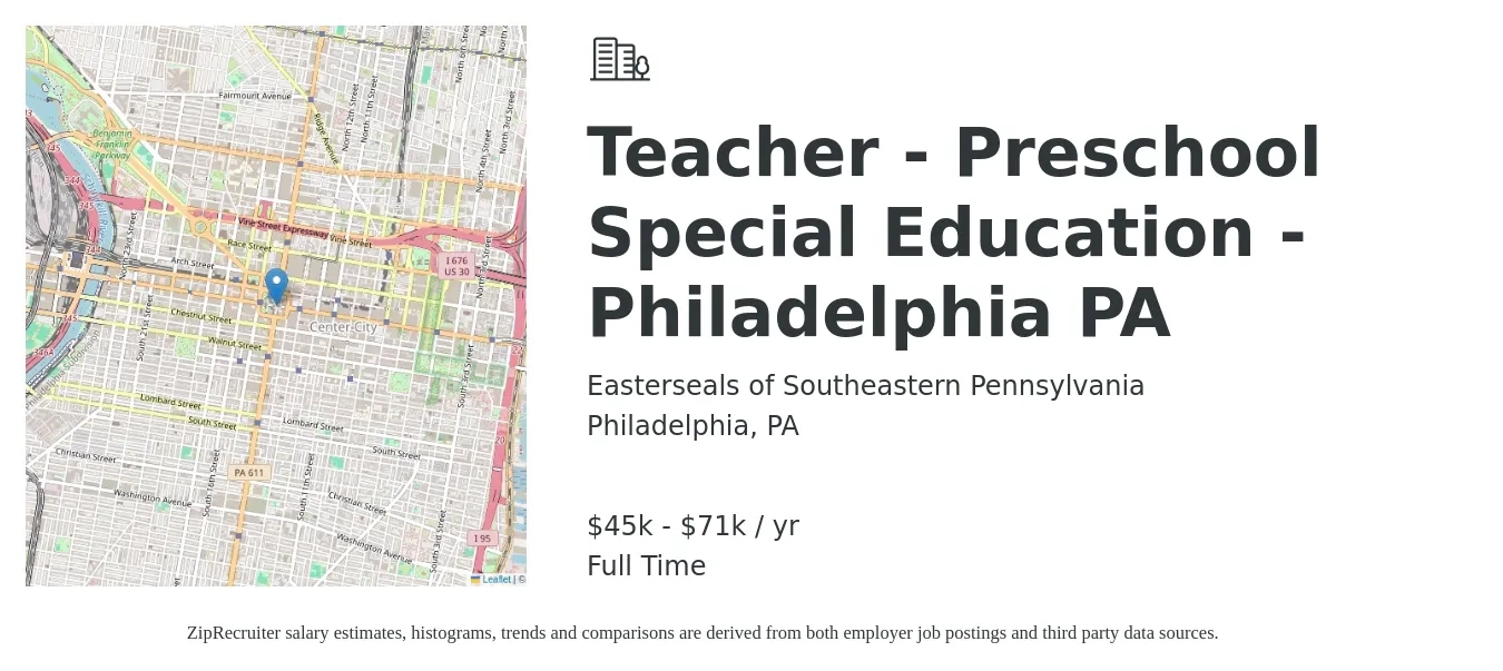 Easterseals of Southeastern Pennsylvania job posting for a Teacher - Preschool Special Education - Philadelphia PA in Philadelphia, PA with a salary of $45,900 to $71,100 Yearly with a map of Philadelphia location.