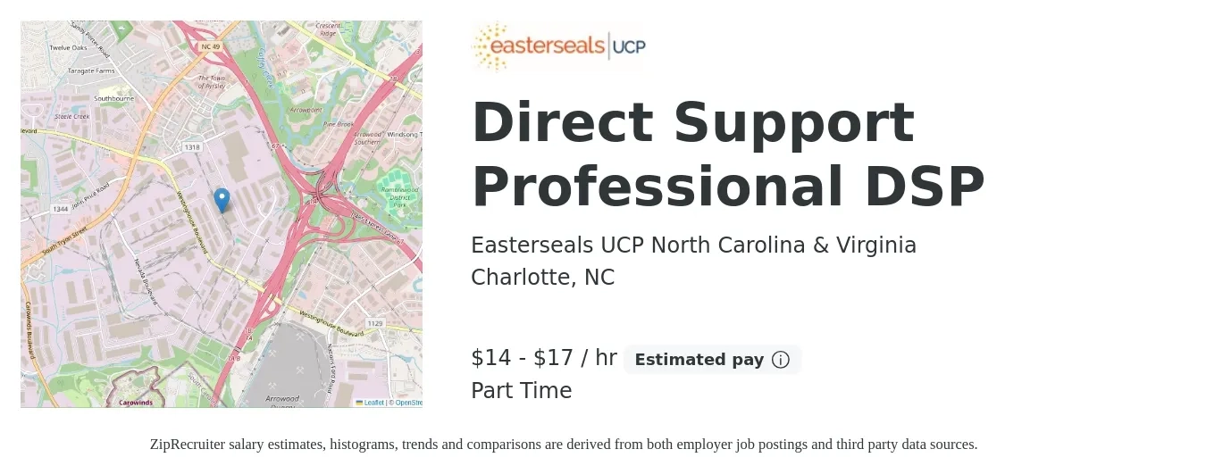 Easterseals UCP North Carolina & Virginia job posting for a Direct Support Professional DSP in Charlotte, NC with a salary of $15 to $18 Hourly with a map of Charlotte location.