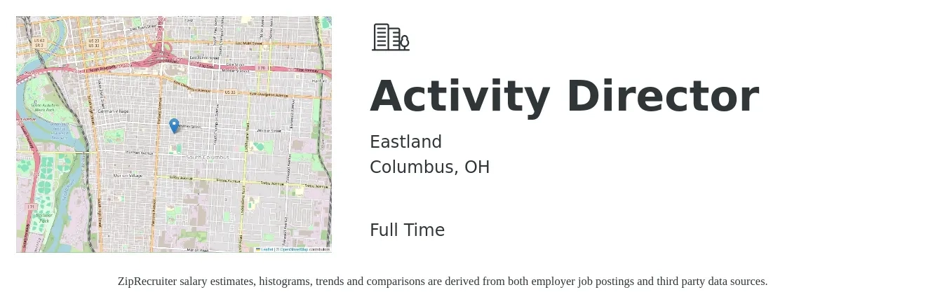 Eastland job posting for a Activity Director in Columbus, OH with a salary of $18 to $25 Hourly with a map of Columbus location.