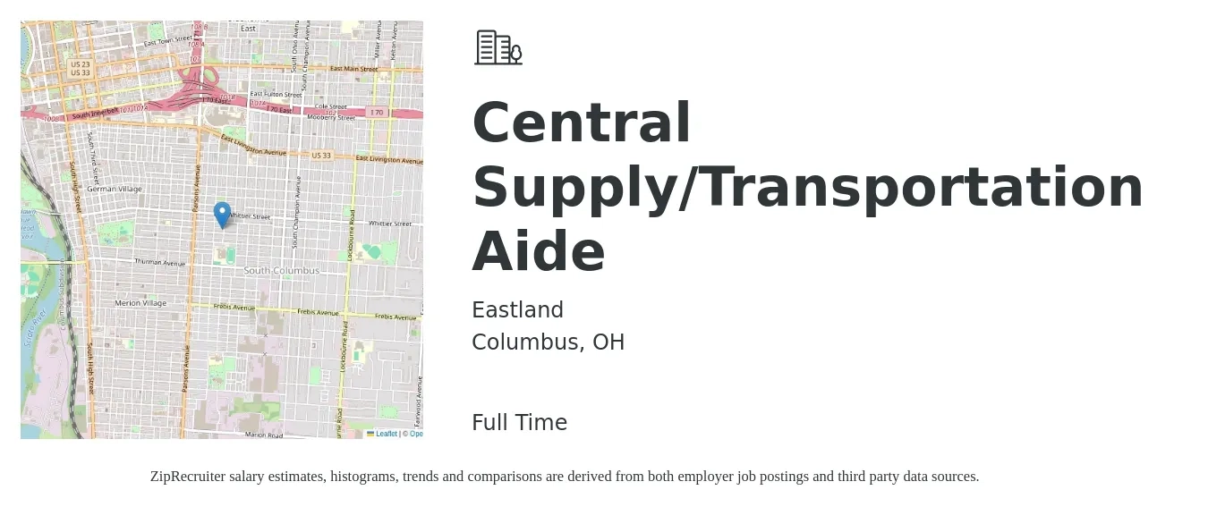 Eastland job posting for a Central Supply/Transportation Aide in Columbus, OH with a salary of $14 to $18 Hourly with a map of Columbus location.