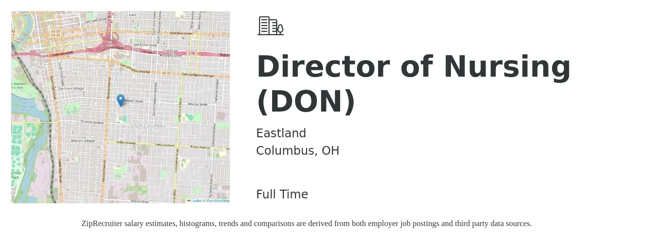 Eastland job posting for a Director of Nursing (DON) in Columbus, OH with a salary of $80,200 to $121,200 Yearly with a map of Columbus location.