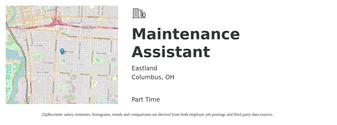 Eastland job posting for a Maintenance Assistant in Columbus, OH with a salary of $16 to $20 Hourly with a map of Columbus location.