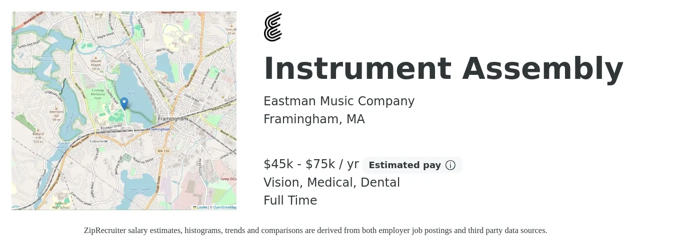 Eastman Music Company job posting for a Instrument Assembly in Framingham, MA with a salary of $45,000 to $75,000 Yearly and benefits including dental, medical, retirement, and vision with a map of Framingham location.