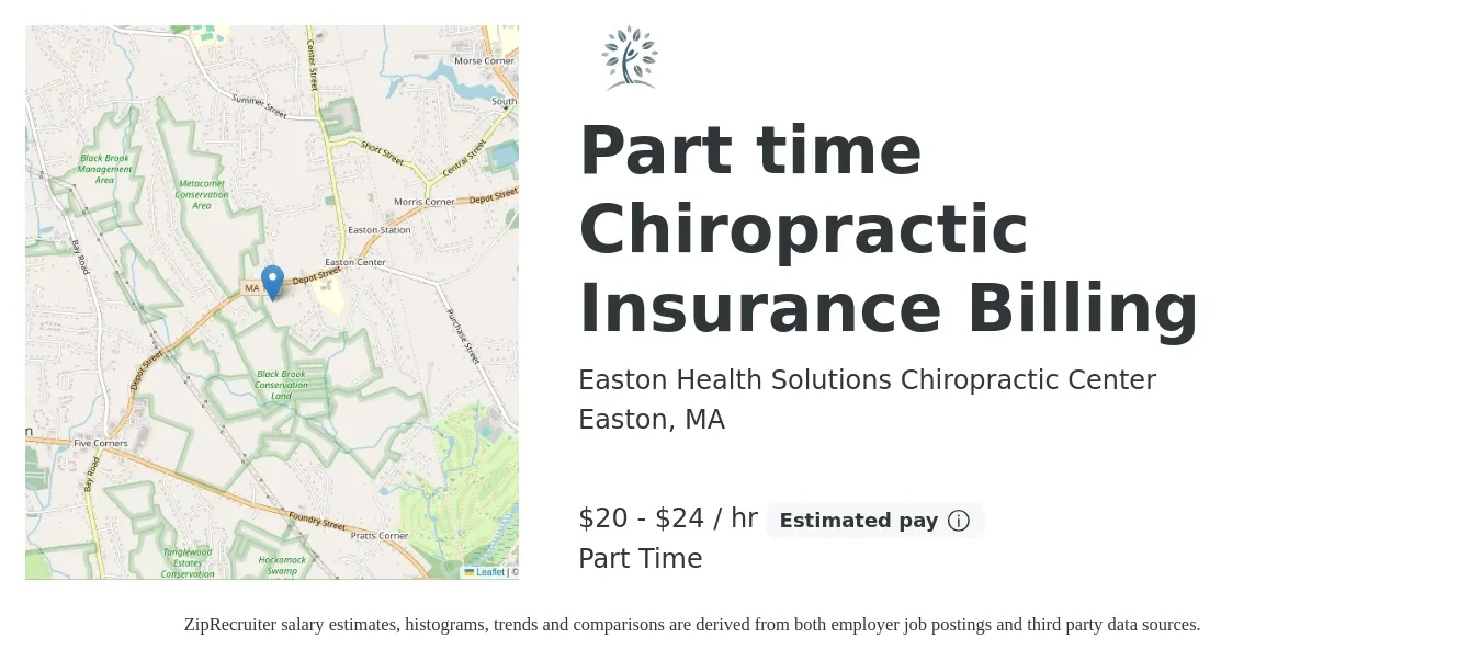 Easton Health Solutions Chiropractic Center job posting for a Part time Chiropractic Insurance Billing in Easton, MA with a salary of $21 to $25 Hourly and benefits including pto, and retirement with a map of Easton location.