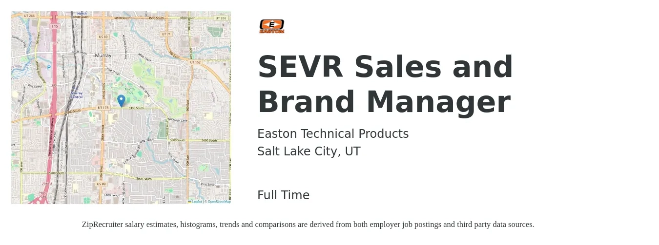 Easton Technical Products job posting for a SEVR Sales and Brand Manager in Salt Lake City, UT with a salary of $40,300 to $73,400 Yearly with a map of Salt Lake City location.