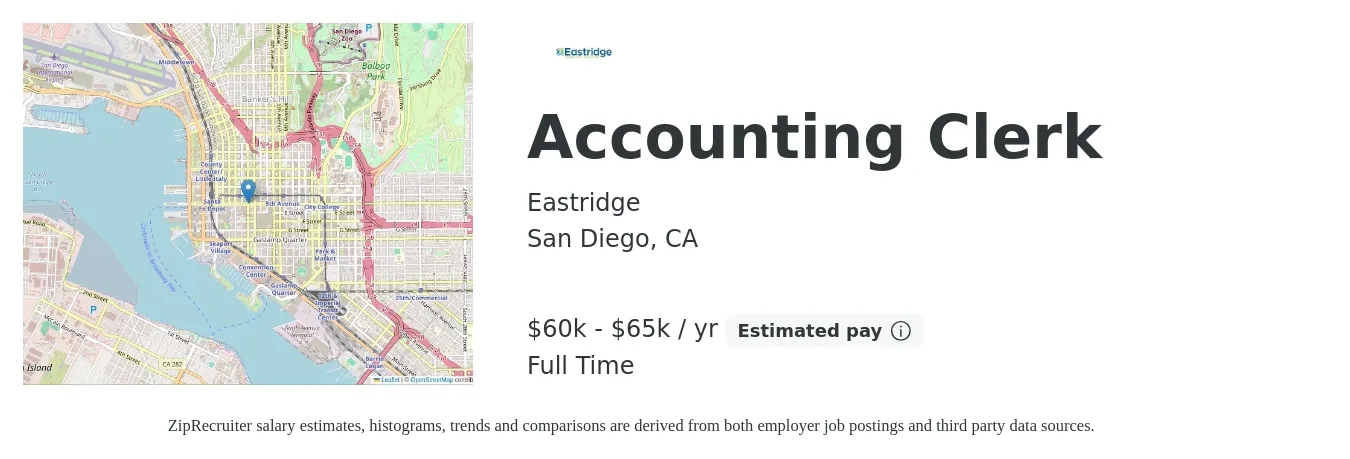 Eastridge job posting for a Accounting Clerk in San Diego, CA with a salary of $60,000 to $65,000 Yearly with a map of San Diego location.