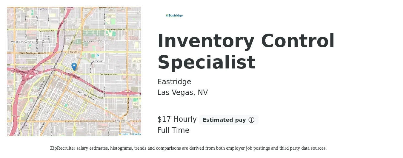 Eastridge job posting for a Inventory Control Specialist in Las Vegas, NV with a salary of $18 Hourly with a map of Las Vegas location.