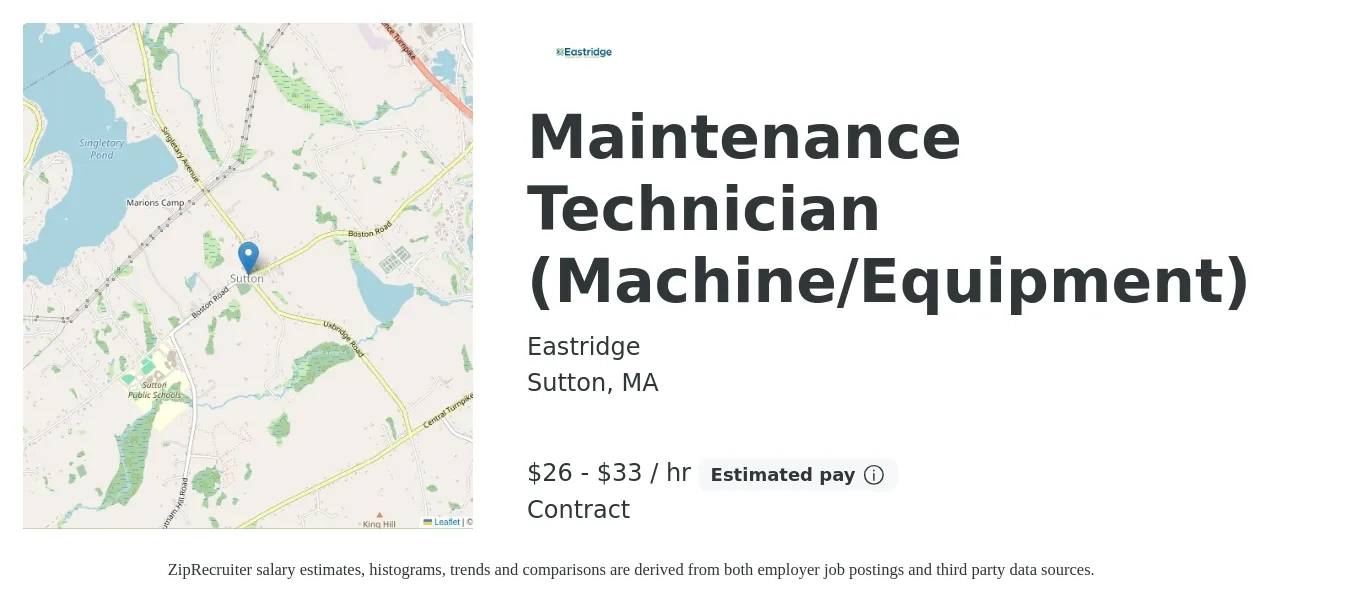 Eastridge job posting for a Maintenance Technician (Machine/Equipment) in Sutton, MA with a salary of $28 to $35 Hourly with a map of Sutton location.