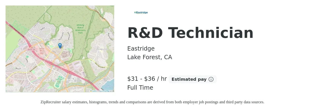 Eastridge job posting for a R&D Technician in Lake Forest, CA with a salary of $33 to $38 Hourly with a map of Lake Forest location.
