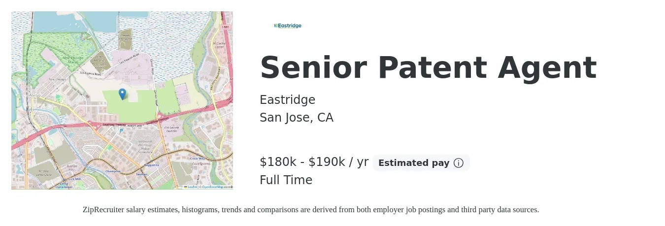 Eastridge job posting for a Senior Patent Agent in San Jose, CA with a salary of $180,000 to $190,000 Yearly with a map of San Jose location.