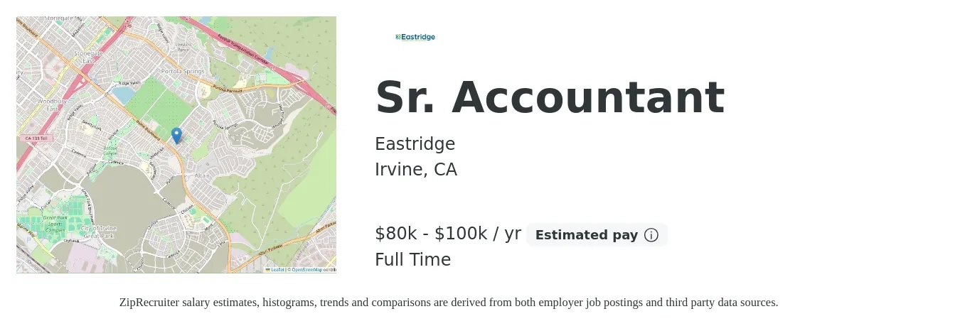 Eastridge job posting for a Sr. Accountant in Irvine, CA with a salary of $80,000 to $100,000 Yearly with a map of Irvine location.