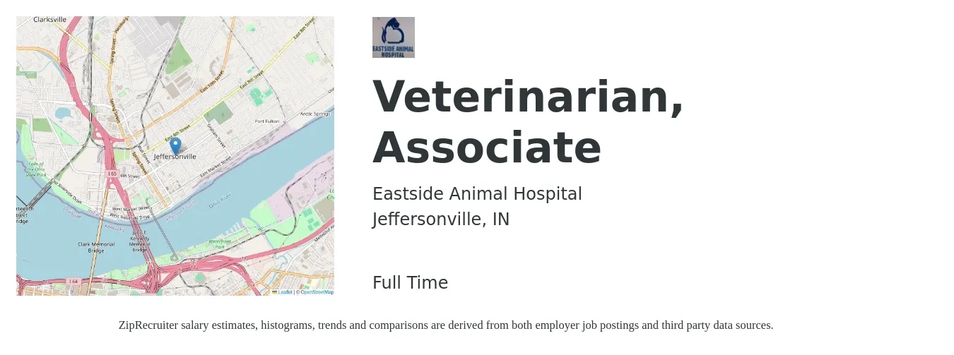 Eastside Animal Hospital job posting for a Veterinarian, Associate in Jeffersonville, IN with a salary of $98,300 to $158,700 Yearly with a map of Jeffersonville location.