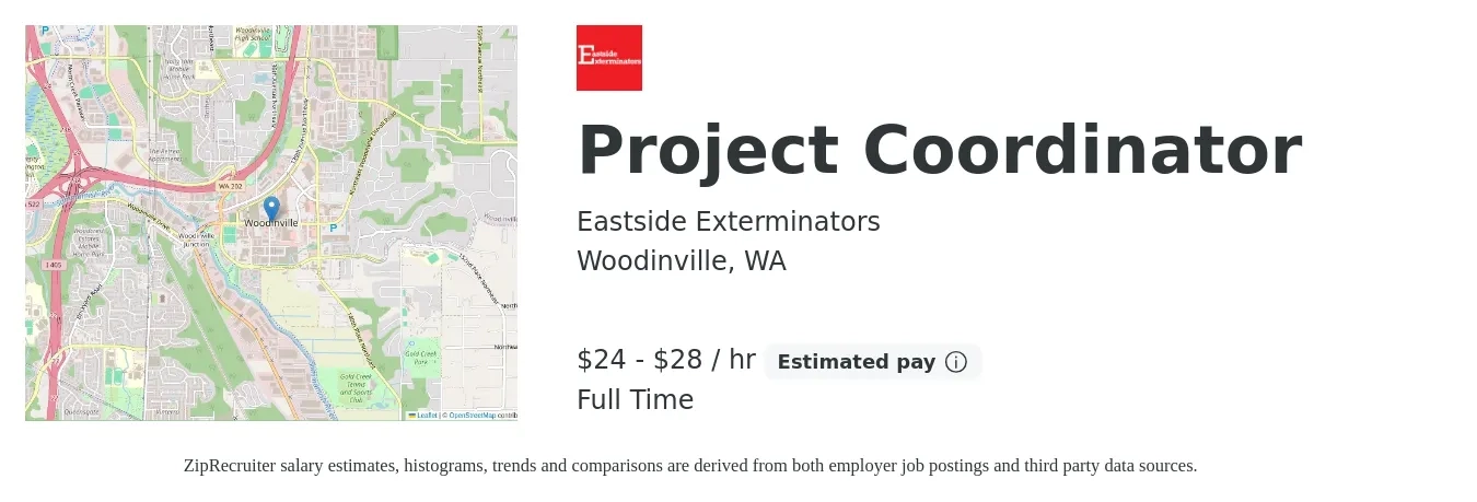 Eastside Exterminators job posting for a Project Coordinator in Woodinville, WA with a salary of $25 to $30 Hourly with a map of Woodinville location.