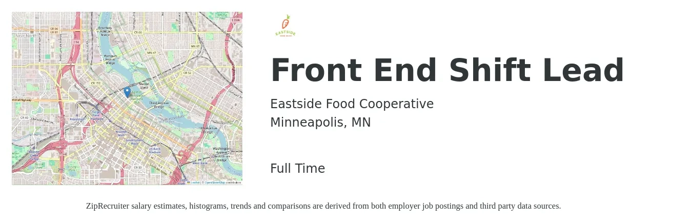 Eastside Food Cooperative job posting for a Front End Shift Lead in Minneapolis, MN with a salary of $18 to $23 Hourly with a map of Minneapolis location.