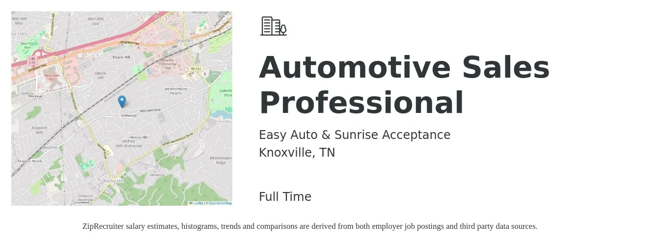 Easy Auto & Sunrise Acceptance job posting for a Automotive Sales Professional in Knoxville, TN with a salary of $200,000 Yearly with a map of Knoxville location.