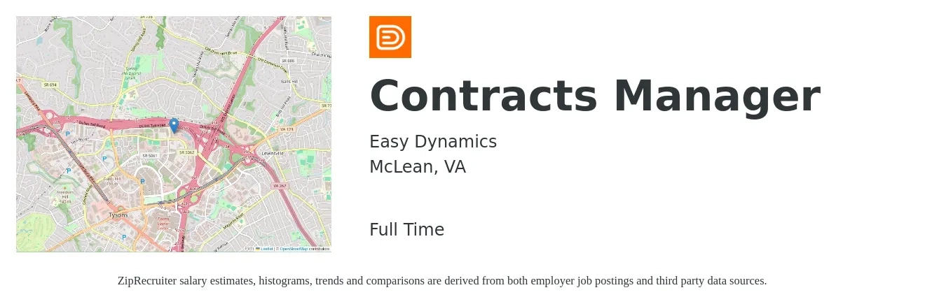 Easy Dynamics job posting for a Contracts Manager in McLean, VA with a salary of $90,000 to $120,300 Yearly with a map of McLean location.