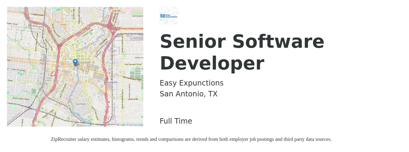Easy Expunctions job posting for a Senior Software Developer in San Antonio, TX with a salary of $48 to $64 Hourly with a map of San Antonio location.