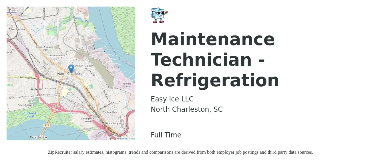 Easy Ice LLC job posting for a Maintenance Technician - Refrigeration in North Charleston, SC with a salary of $24 to $33 Hourly with a map of North Charleston location.