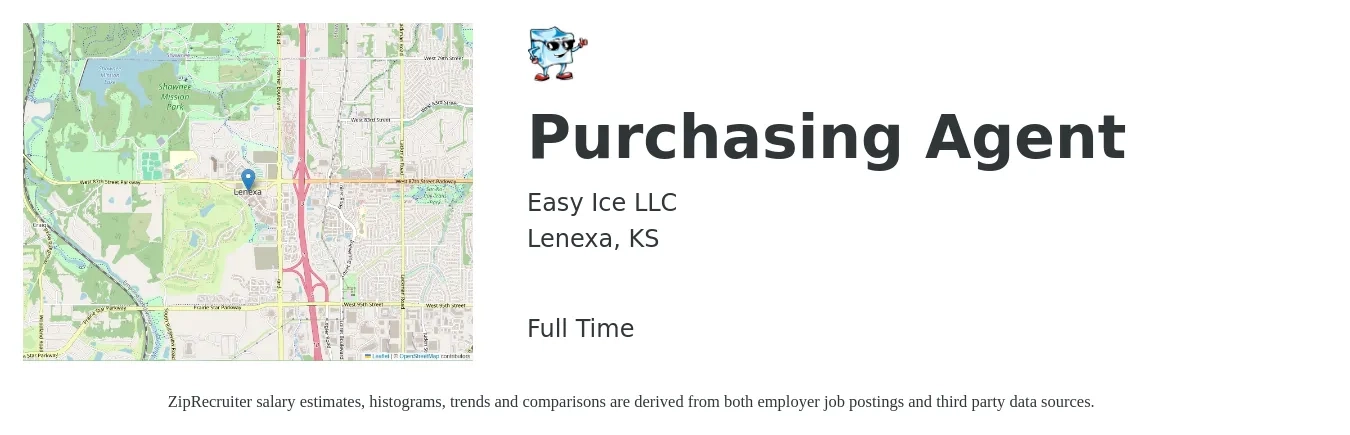 Easy Ice LLC job posting for a Purchasing Agent in Lenexa, KS with a salary of $40,000 to $55,800 Yearly with a map of Lenexa location.