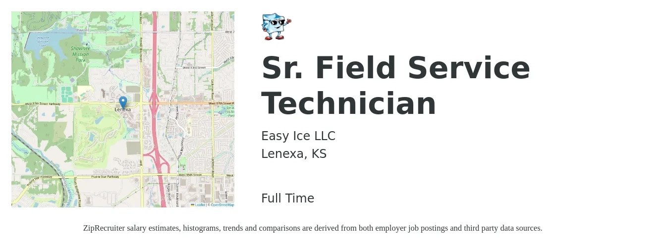 Easy Ice LLC job posting for a Sr. Field Service Technician in Lenexa, KS with a salary of $18 to $28 Hourly with a map of Lenexa location.