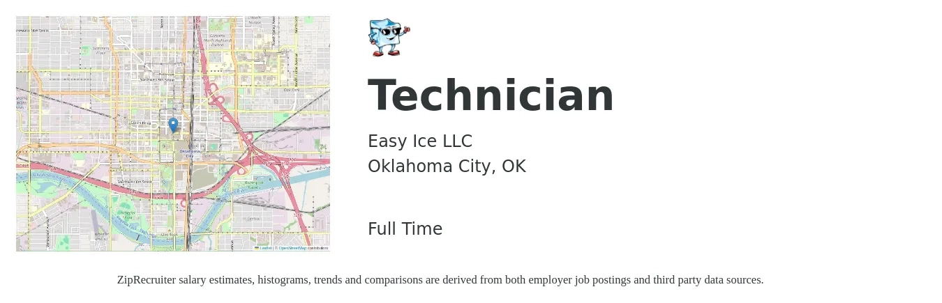 Easy Ice LLC job posting for a Technician in Oklahoma City, OK with a salary of $24 to $33 Hourly with a map of Oklahoma City location.