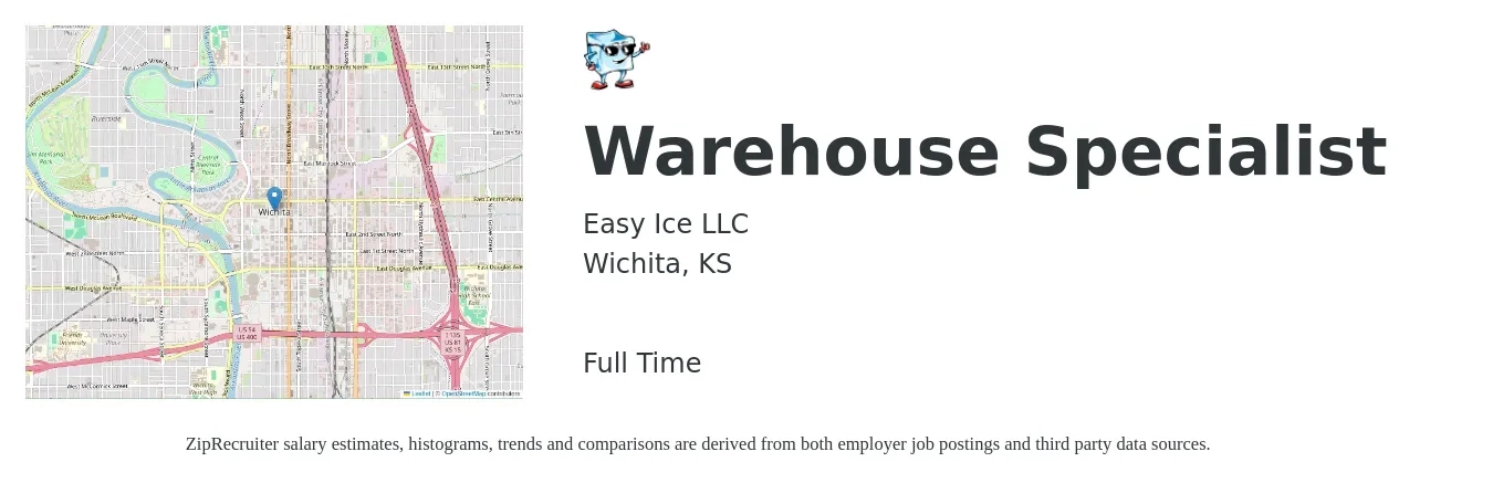 Easy Ice LLC job posting for a Warehouse Specialist in Wichita, KS with a salary of $13 to $16 Hourly with a map of Wichita location.