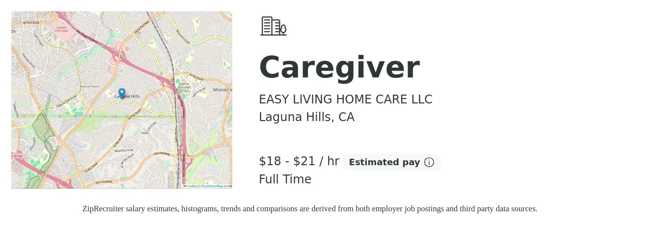 EASY LIVING HOME CARE LLC job posting for a Caregiver in Laguna Hills, CA with a salary of $19 to $22 Hourly with a map of Laguna Hills location.