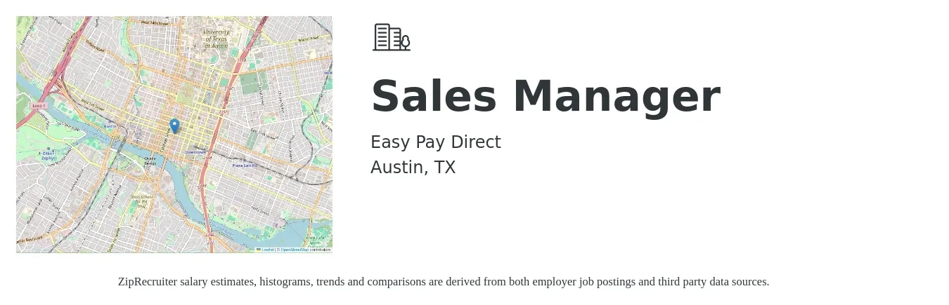 Easy Pay Direct job posting for a Sales Manager in Austin, TX with a salary of $100,000 to $190,000 Yearly with a map of Austin location.