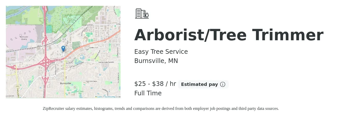 Easy Tree Service job posting for a Arborist/Tree Trimmer in Burnsville, MN with a salary of $27 to $40 Hourly with a map of Burnsville location.