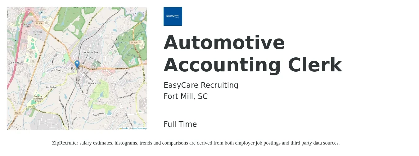 EasyCare Recruiting job posting for a Automotive Accounting Clerk in Fort Mill, SC with a salary of $16 to $21 Hourly with a map of Fort Mill location.
