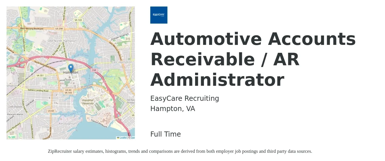 EasyCare Recruiting job posting for a Automotive Accounts Receivable / AR Administrator in Hampton, VA with a salary of $18 to $23 Hourly with a map of Hampton location.