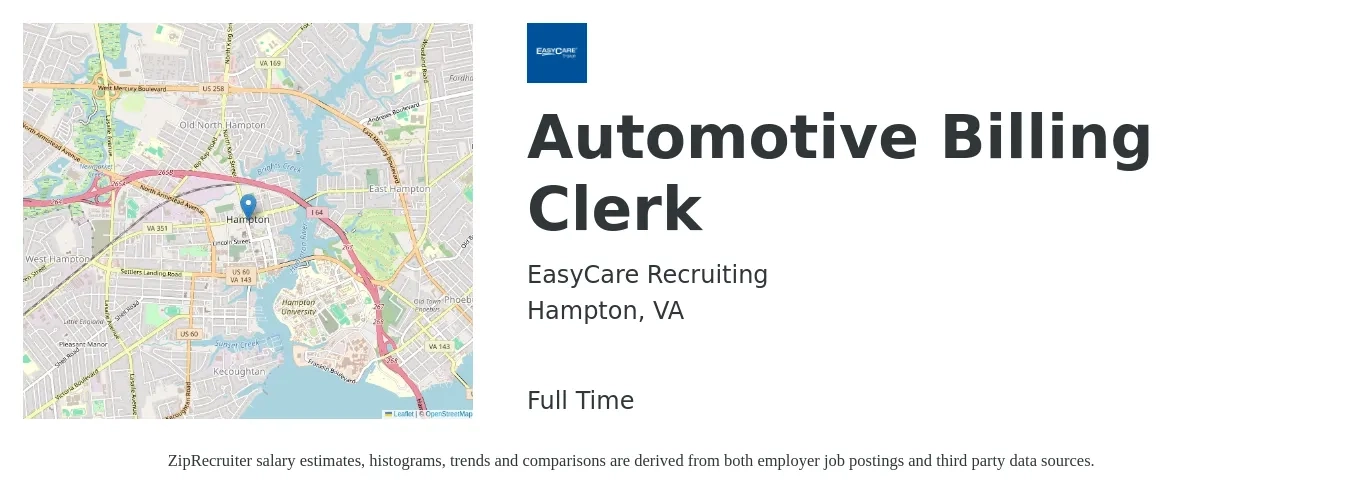 EasyCare Recruiting job posting for a Automotive Billing Clerk in Hampton, VA with a salary of $16 to $21 Hourly with a map of Hampton location.