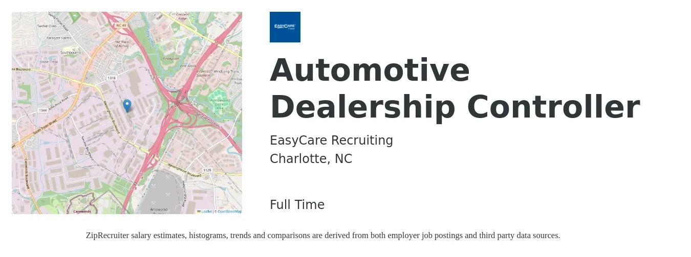 EasyCare Recruiting job posting for a Automotive Dealership Controller in Charlotte, NC with a salary of $95,400 to $136,300 Yearly with a map of Charlotte location.